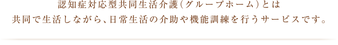 認知症対応型共同生活介護（グループホーム）とは共同で生活しながら、日常生活の介助や機能訓練を行うサービスです。